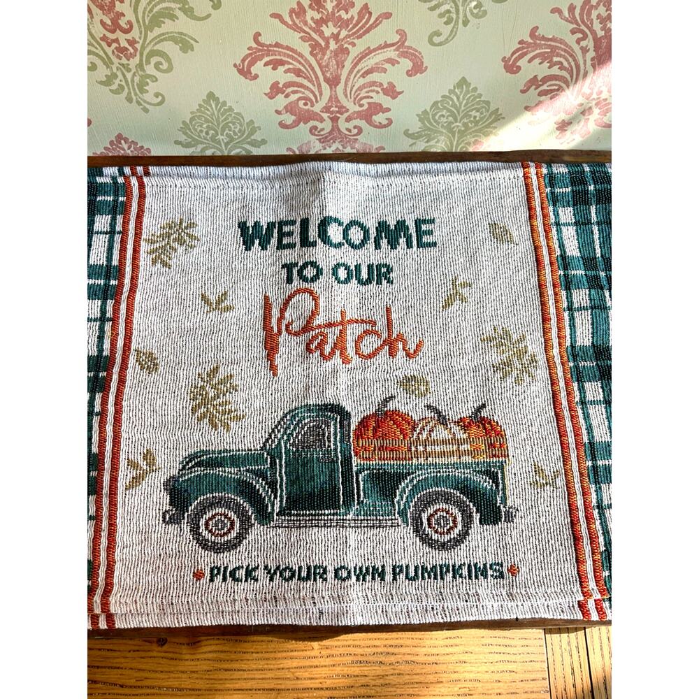 Set of 2 Fall Pumpkin Patch Placemats Green Plaid Vintage Truck Farmhouse
